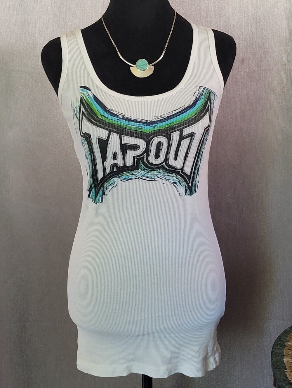 Tapout White Ribbed Tank with Green & Blue Accent Logo